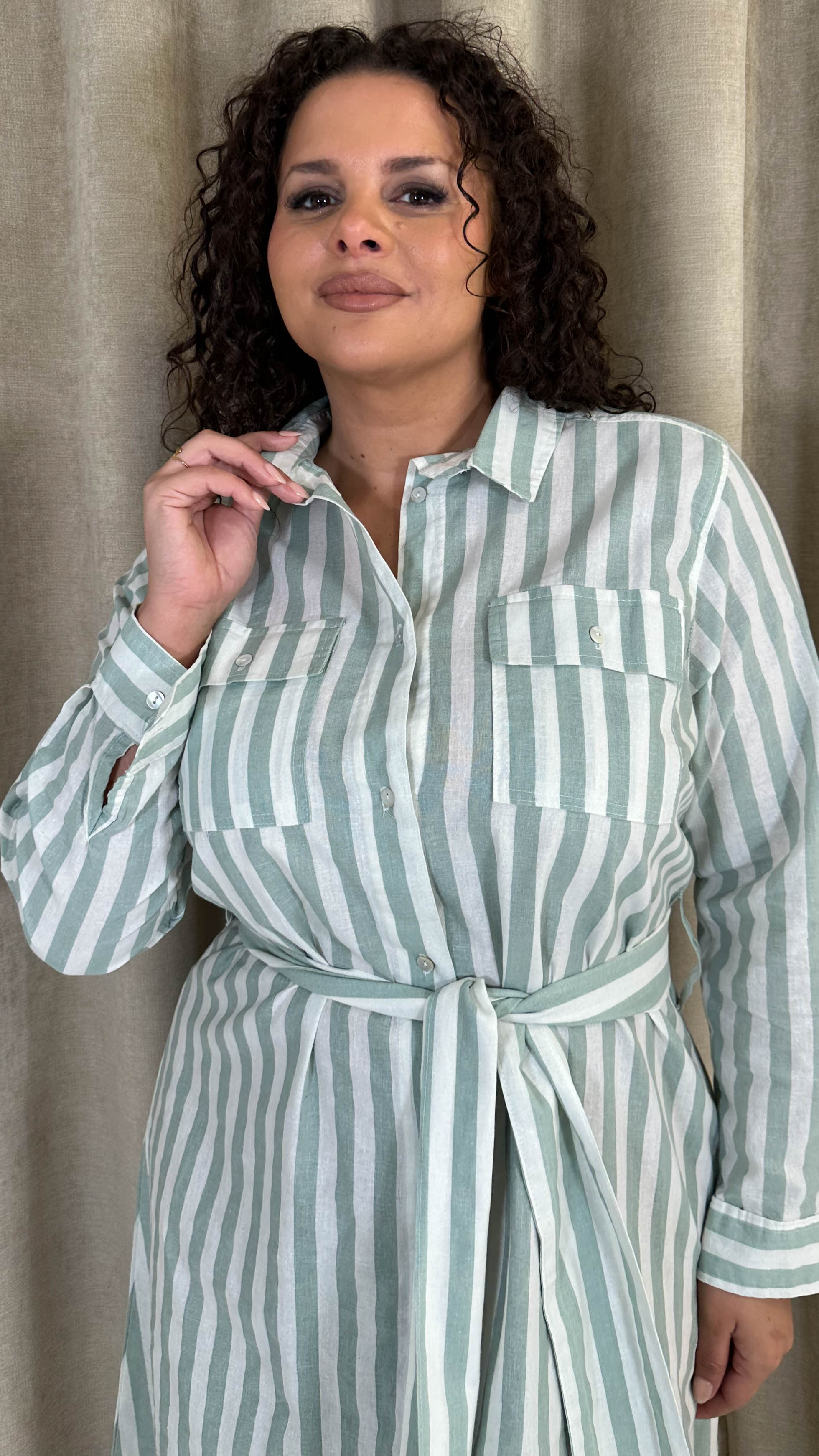 CurveWow Linen Belted Oversized Shirt Dress Green/White Stripe
