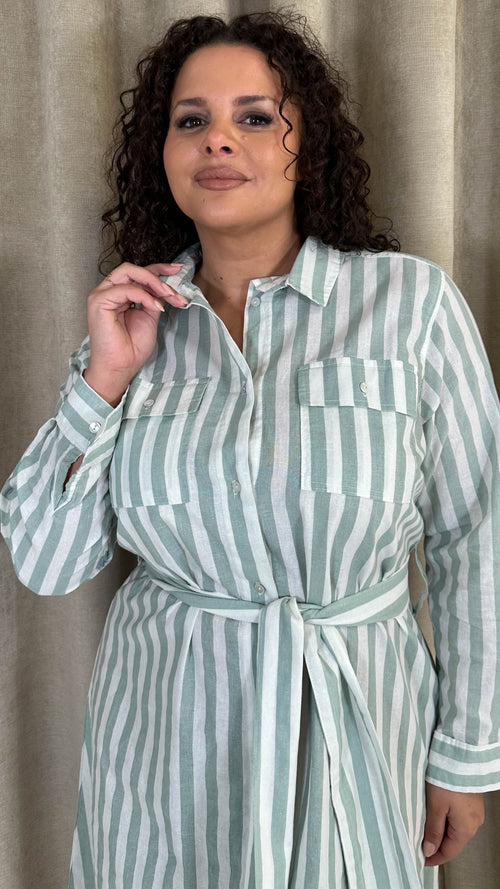 CurveWow Linen Belted Oversized Shirt Dress Green/White Stripe