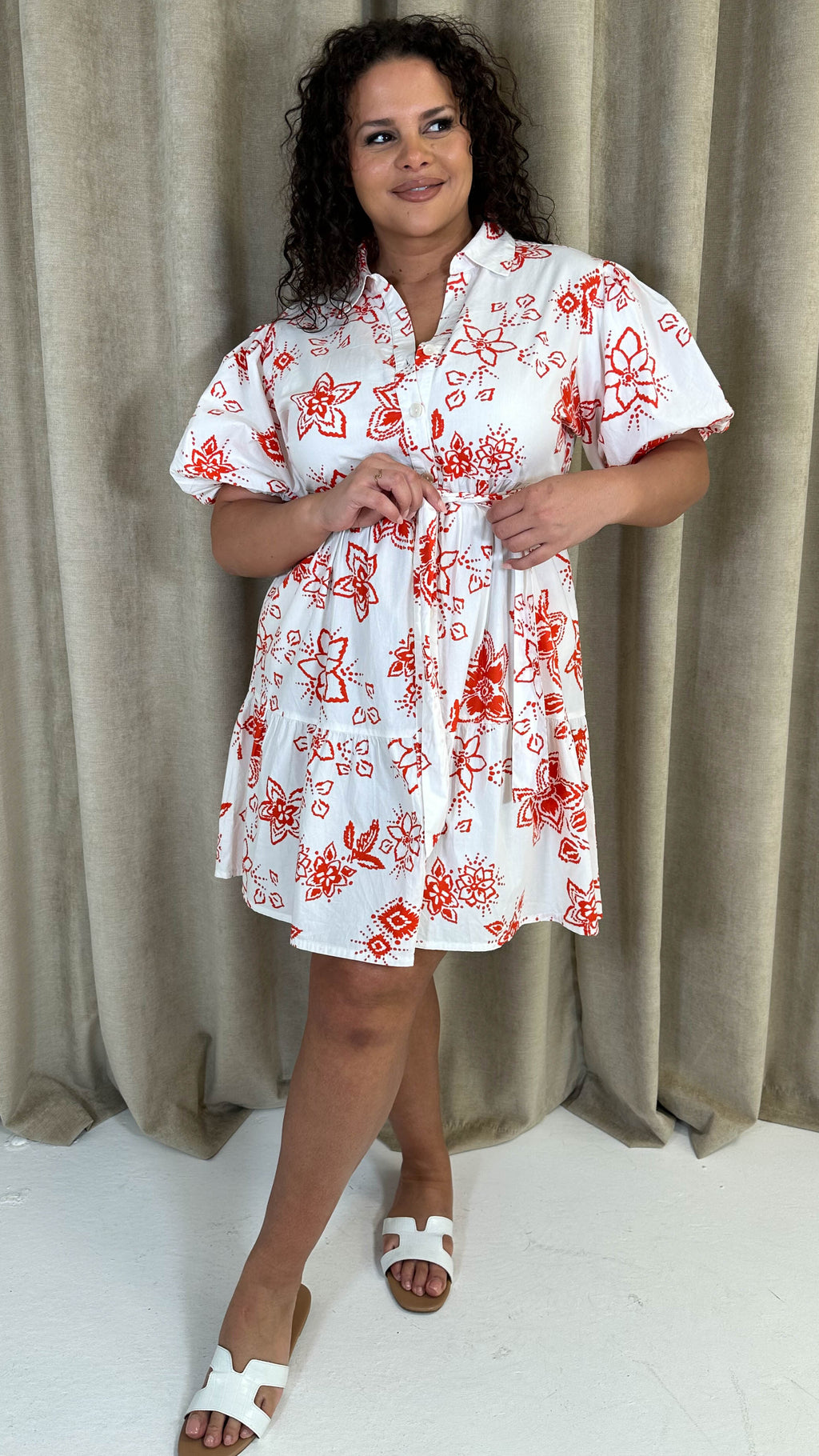 CurveWow Puff Sleeve Tiered Shirt Dress White Floral