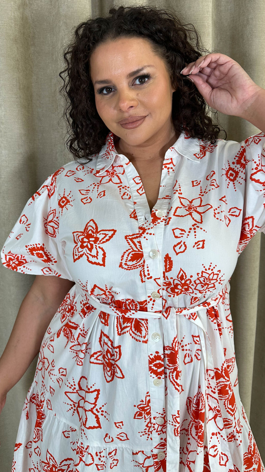 CurveWow Puff Sleeve Tiered Shirt Dress White Floral