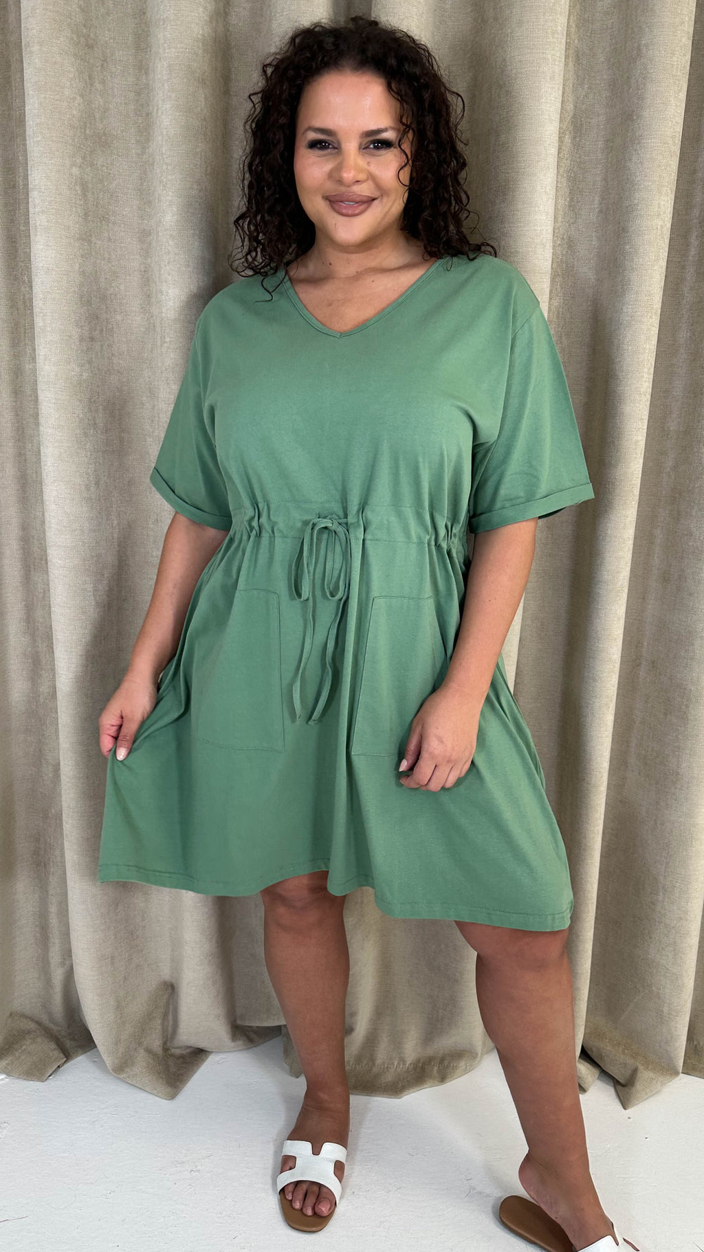 CurveWow Mini Drawcord T-Shirt Dress Green