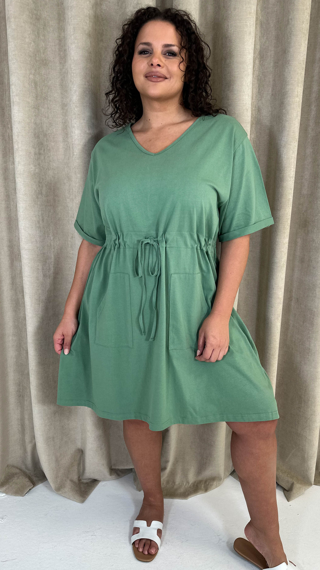CurveWow Mini Drawcord T-Shirt Dress Green