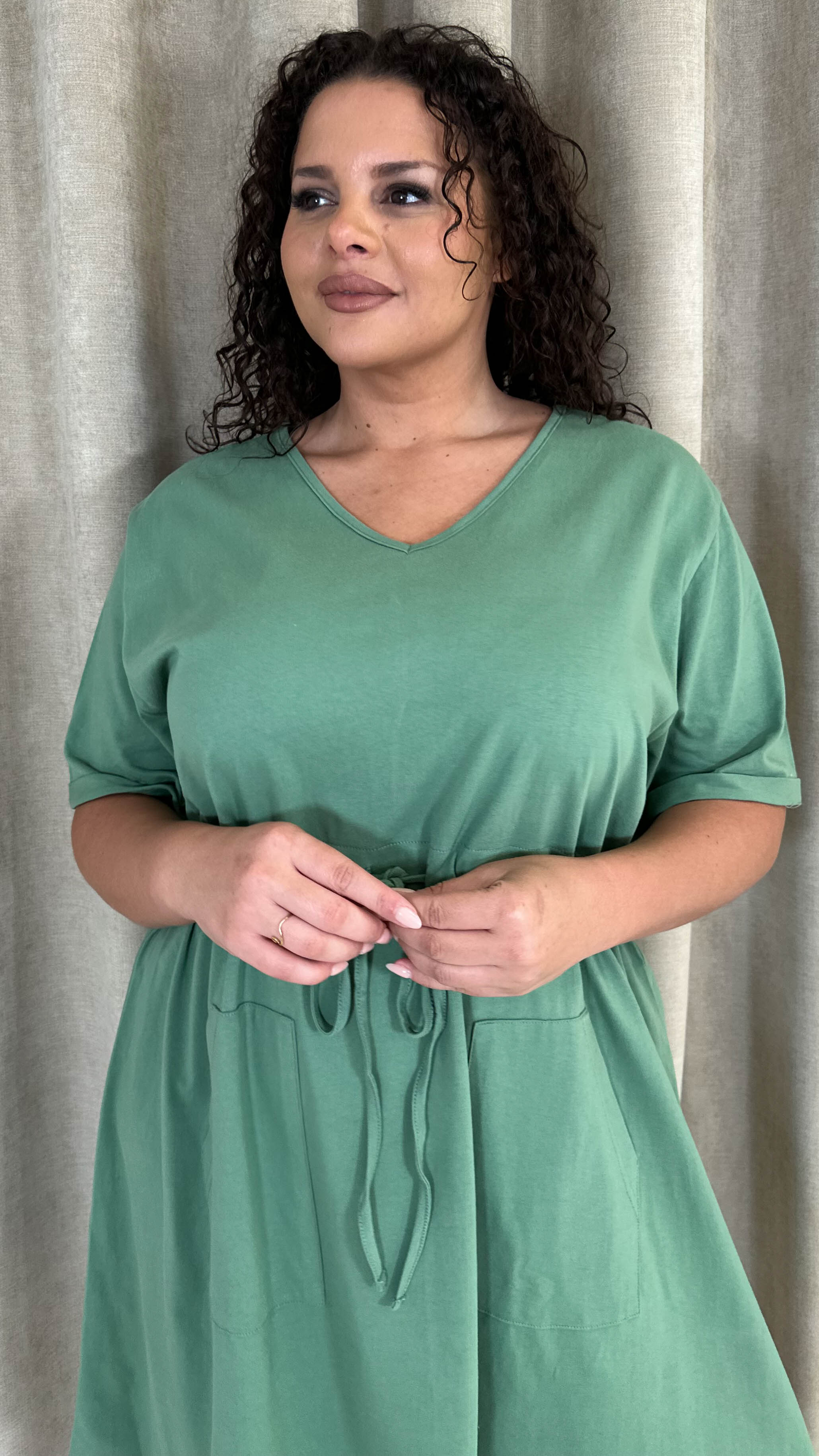 CurveWow Mini Drawcord T-Shirt Dress Green