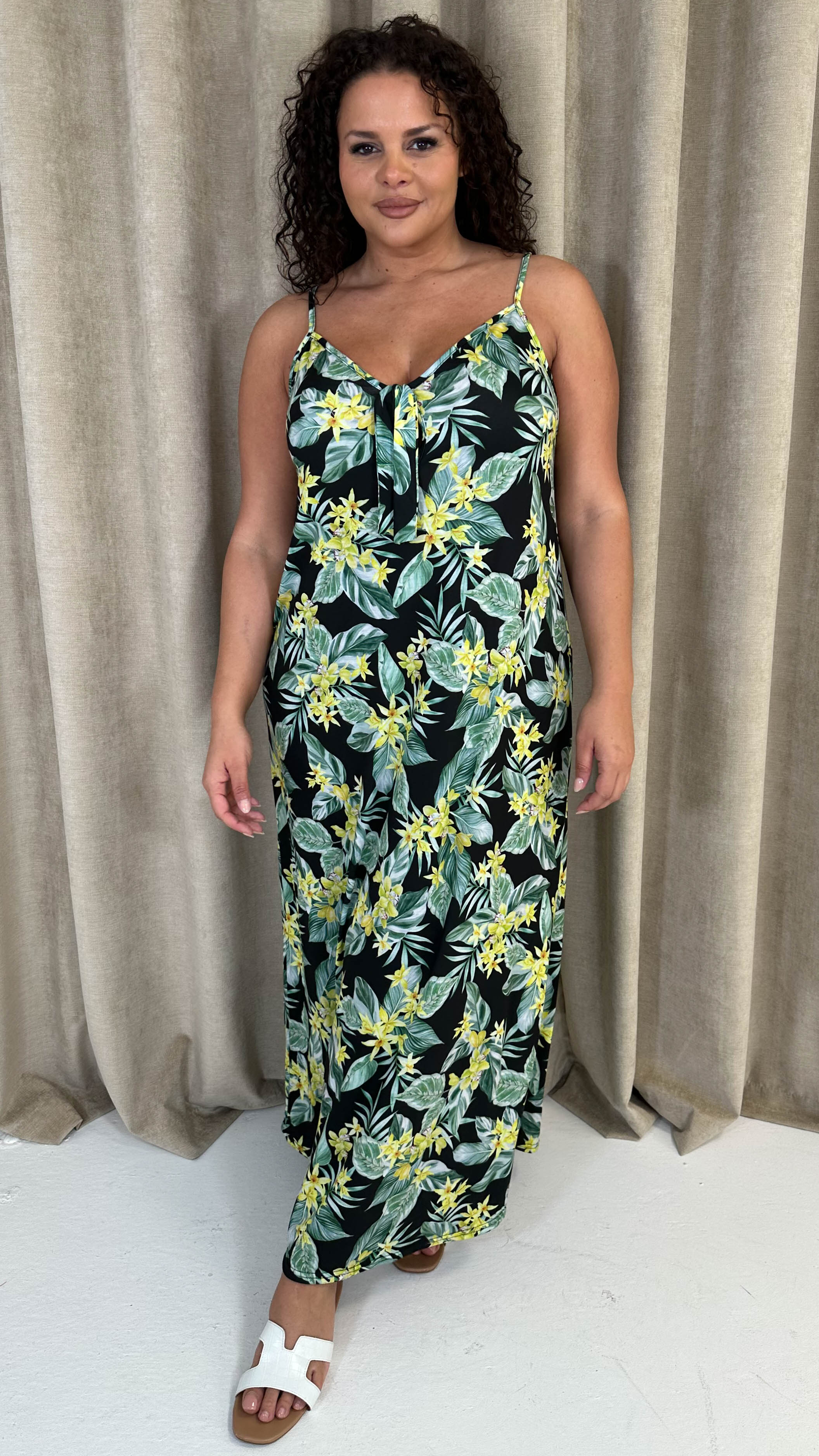 CurveWow Printed Tie Front Maxi Dress Green Floral