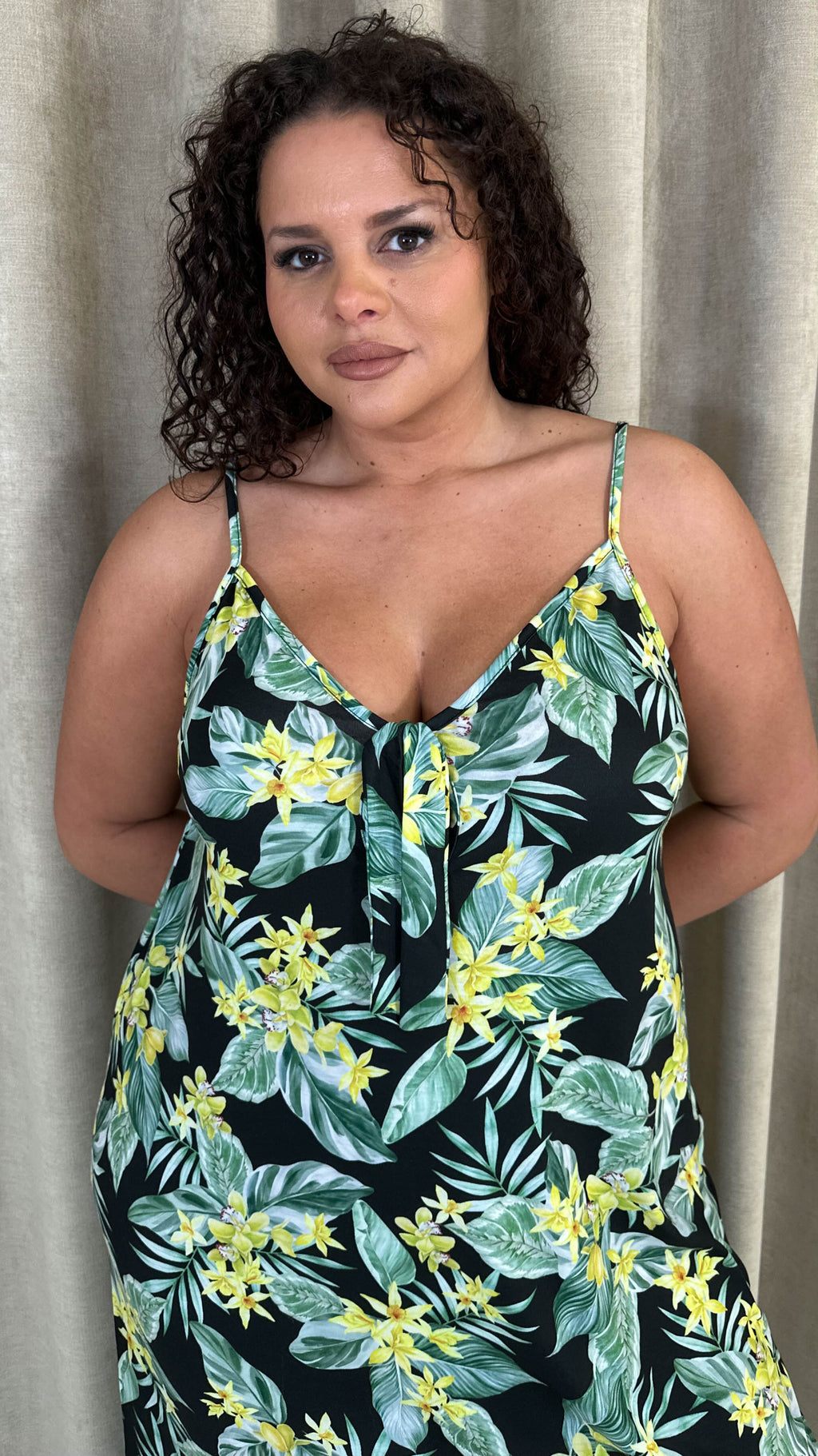 CurveWow Printed Tie Front Maxi Dress Green Floral