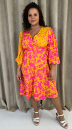 CurveWow Splice Wrap Midi Dress Pink/Orange