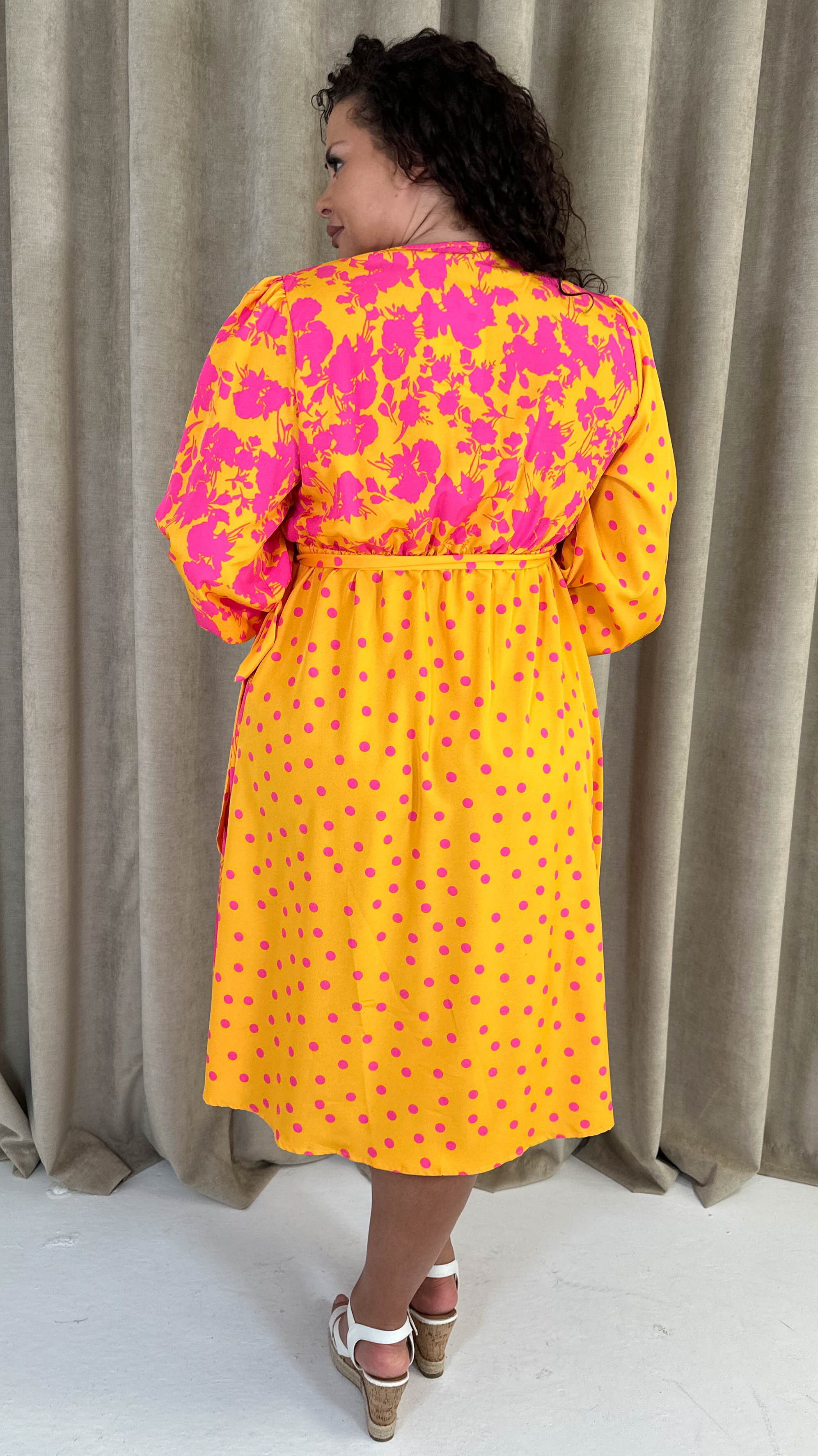 CurveWow Splice Wrap Midi Dress Pink/Orange