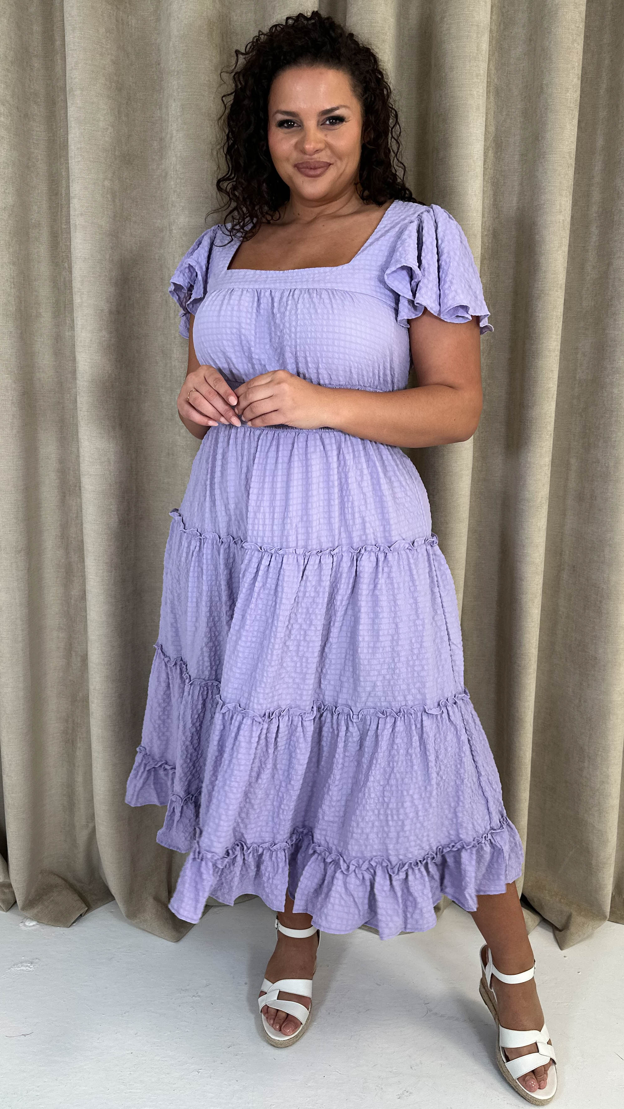 CurveWow Square Neck Seersucker Dress Lilac