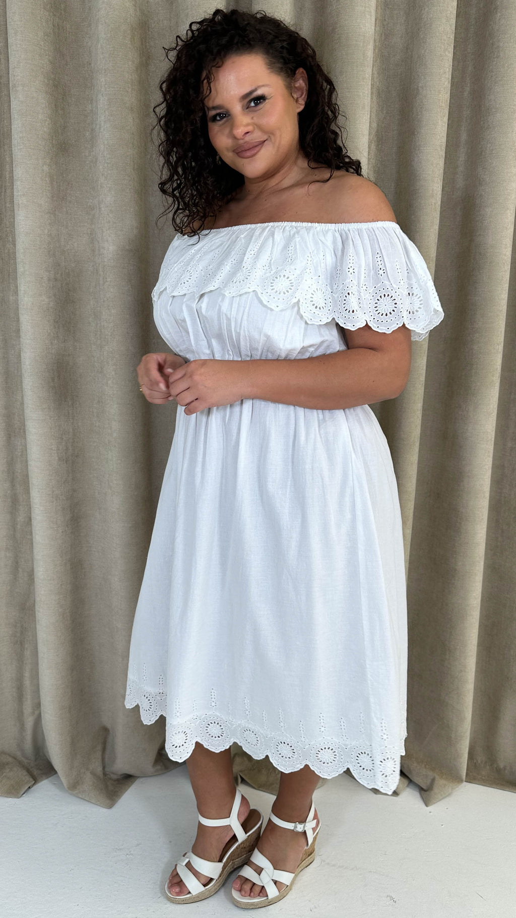 CurveWow Broderie Bardot Midi Dress White