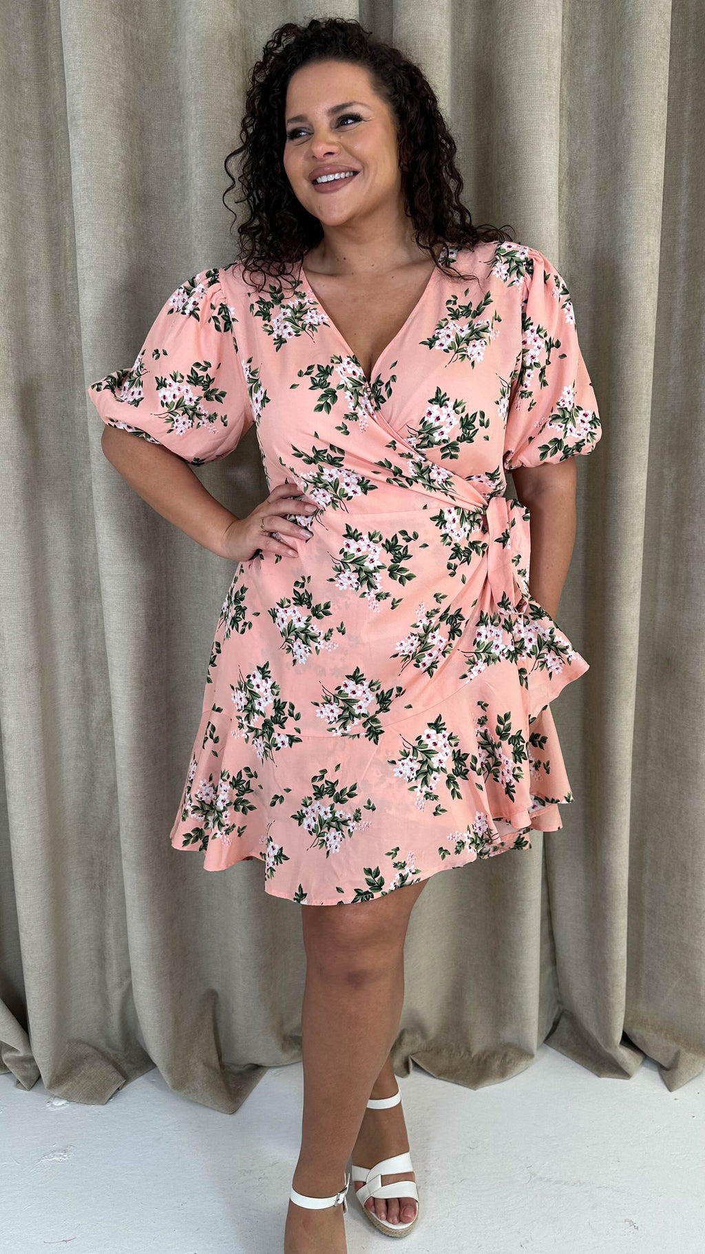 CurveWow Asymmetric Puff Sleeve Wrap Dress Peach Floral