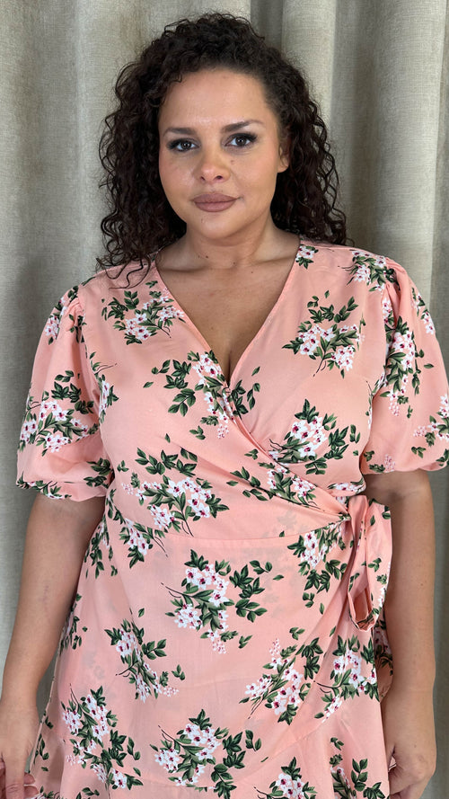 CurveWow Asymmetric Puff Sleeve Wrap Dress Peach Floral