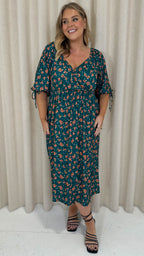 CurveWow Wrap 3/4 Balloon Sleeve Dress Green Floral