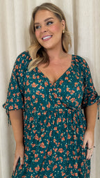 CurveWow Wrap 3/4 Balloon Sleeve Dress Green Floral