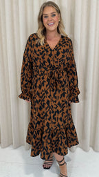 CurveWow Long Sleeve Wrap Midaxi Dress Brown Animal