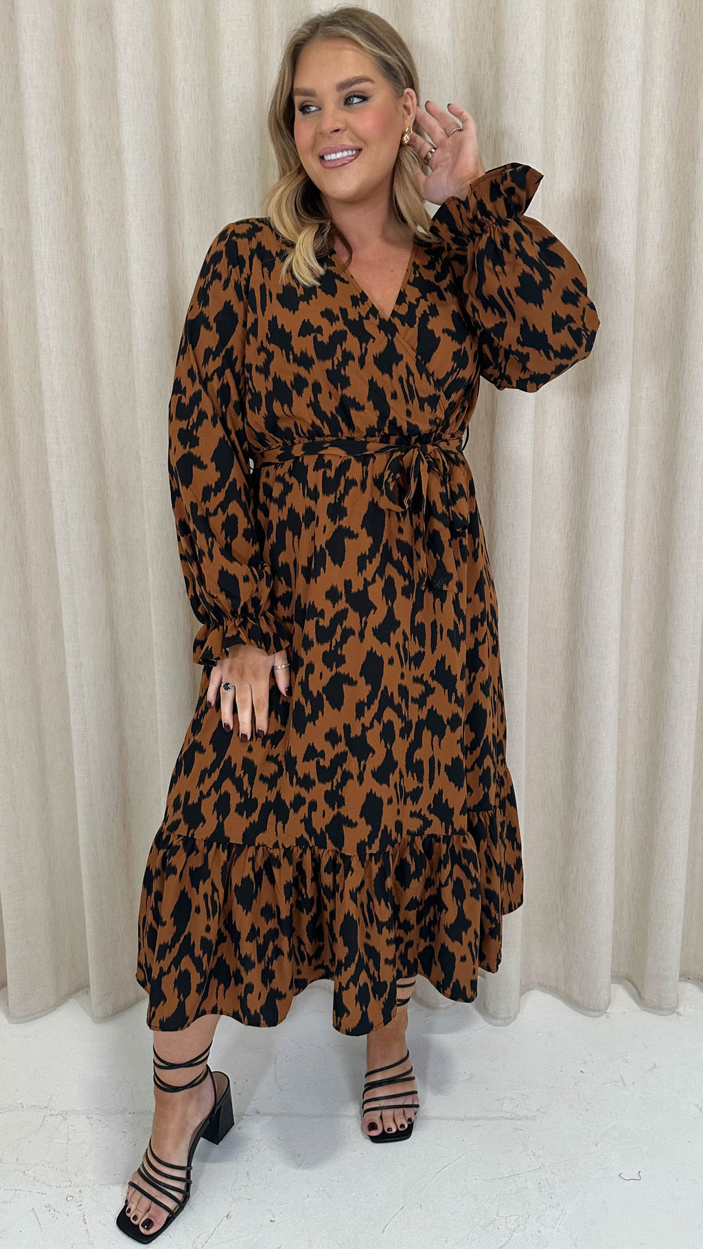 CurveWow Long Sleeve Wrap Midaxi Dress Brown Animal