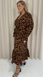 CurveWow Long Sleeve Wrap Midaxi Dress Brown Animal