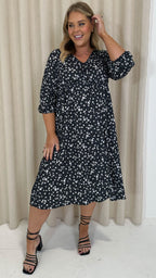 CurveWow Button Front Midi Dress Black Ditsy