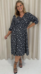 CurveWow Button Front Midi Dress Black Ditsy