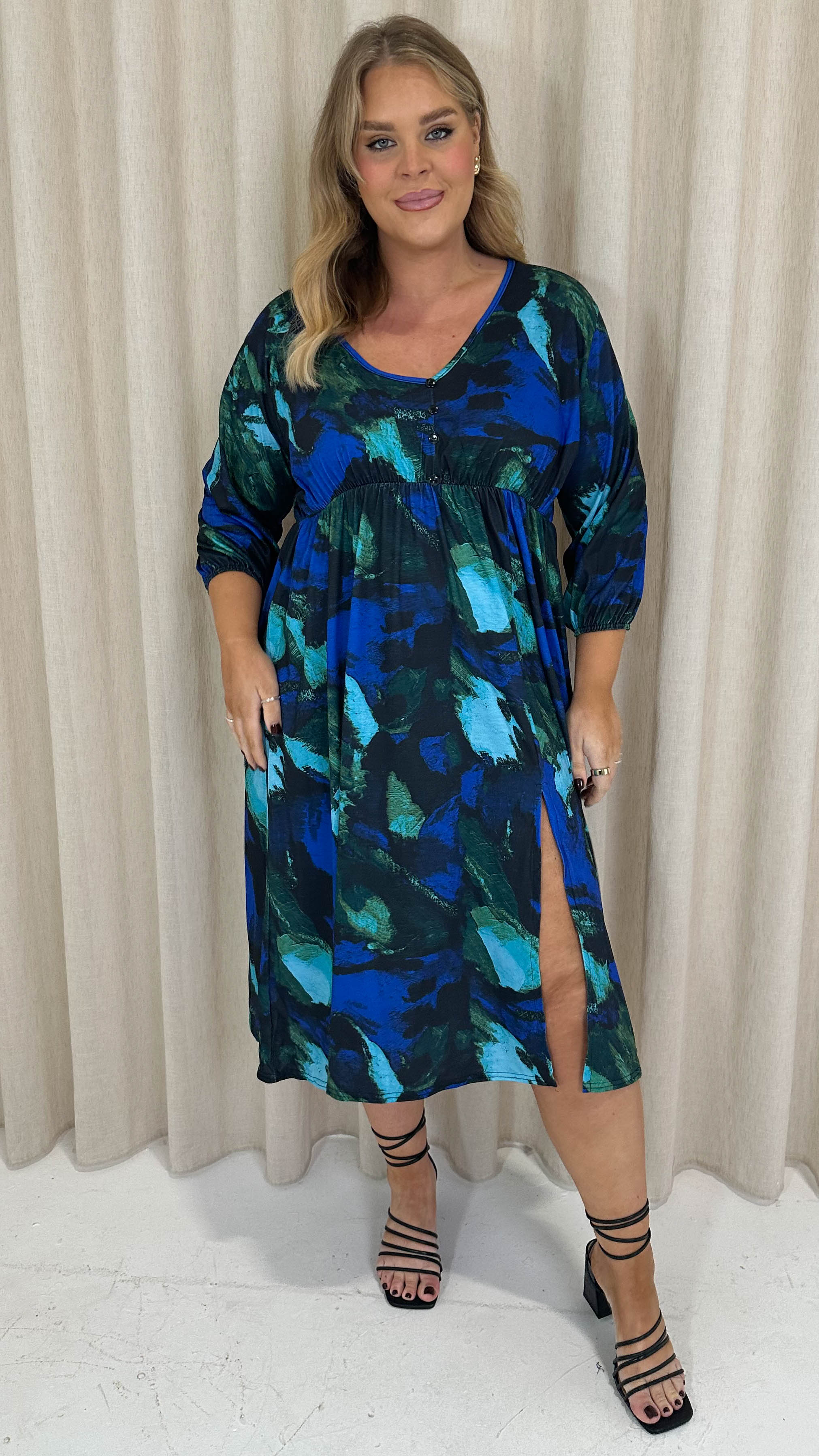 CurveWow Button Front Midi Dress Blue Brush Stroke