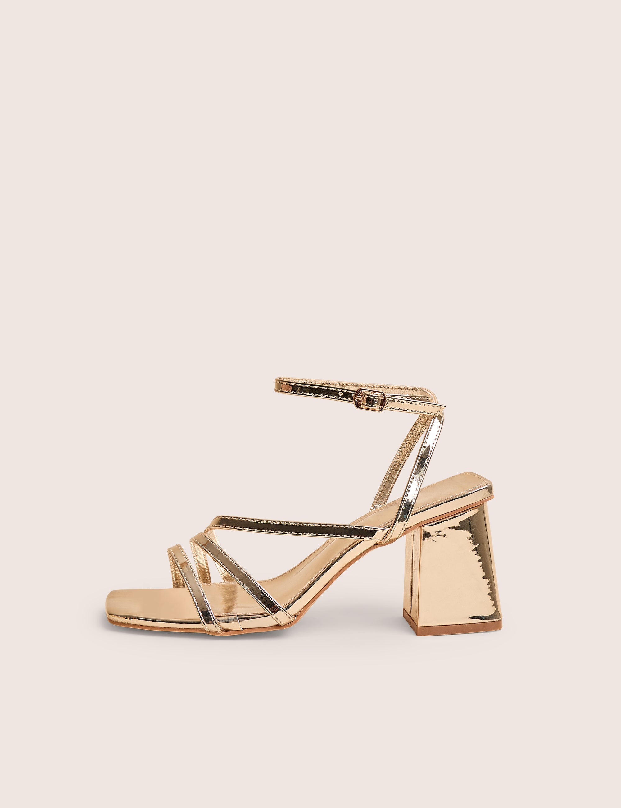 Robin Gold Wide Fit Strappy Square Toe Mid Block Heels