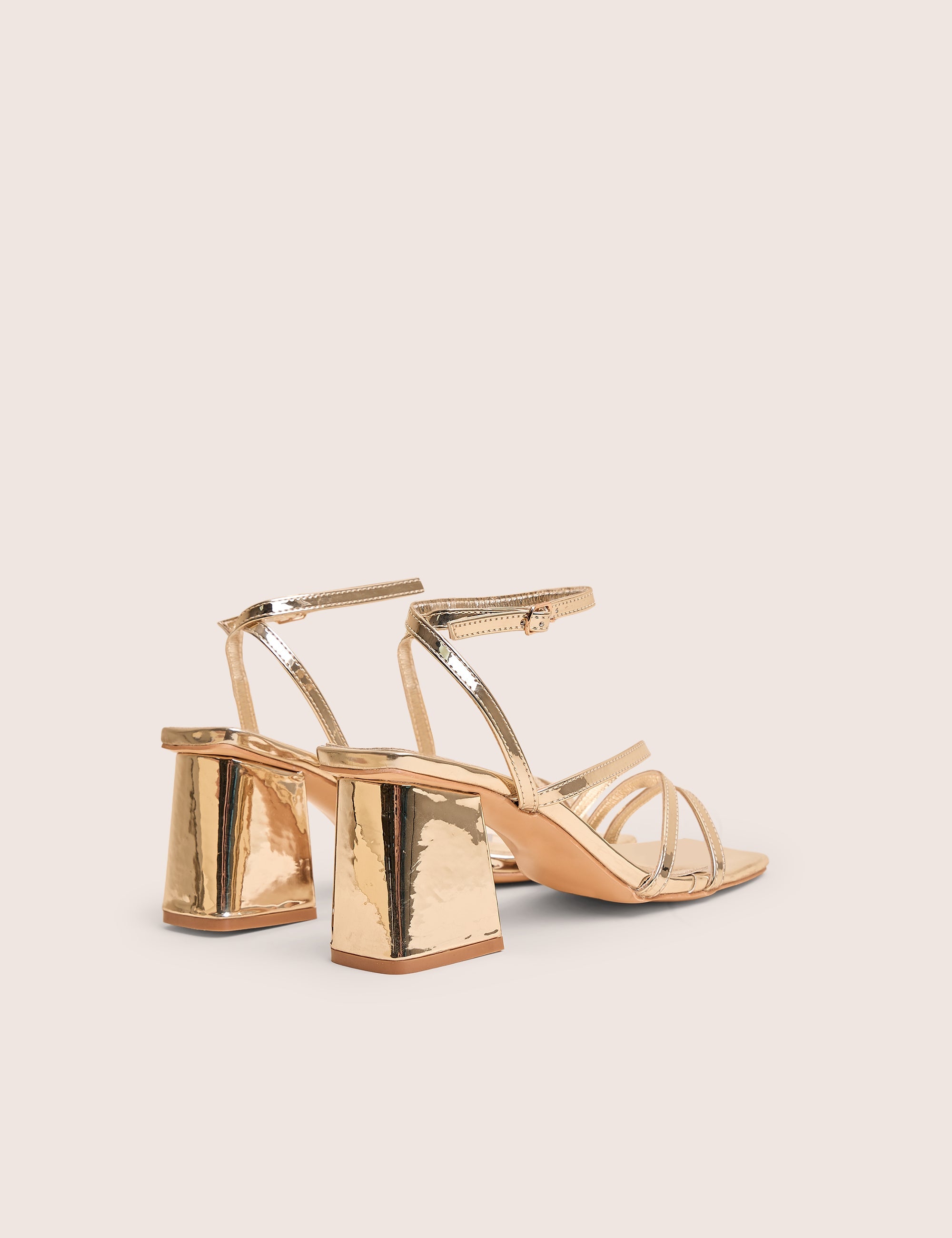 Robin Gold Wide Fit Strappy Square Toe Mid Block Heels