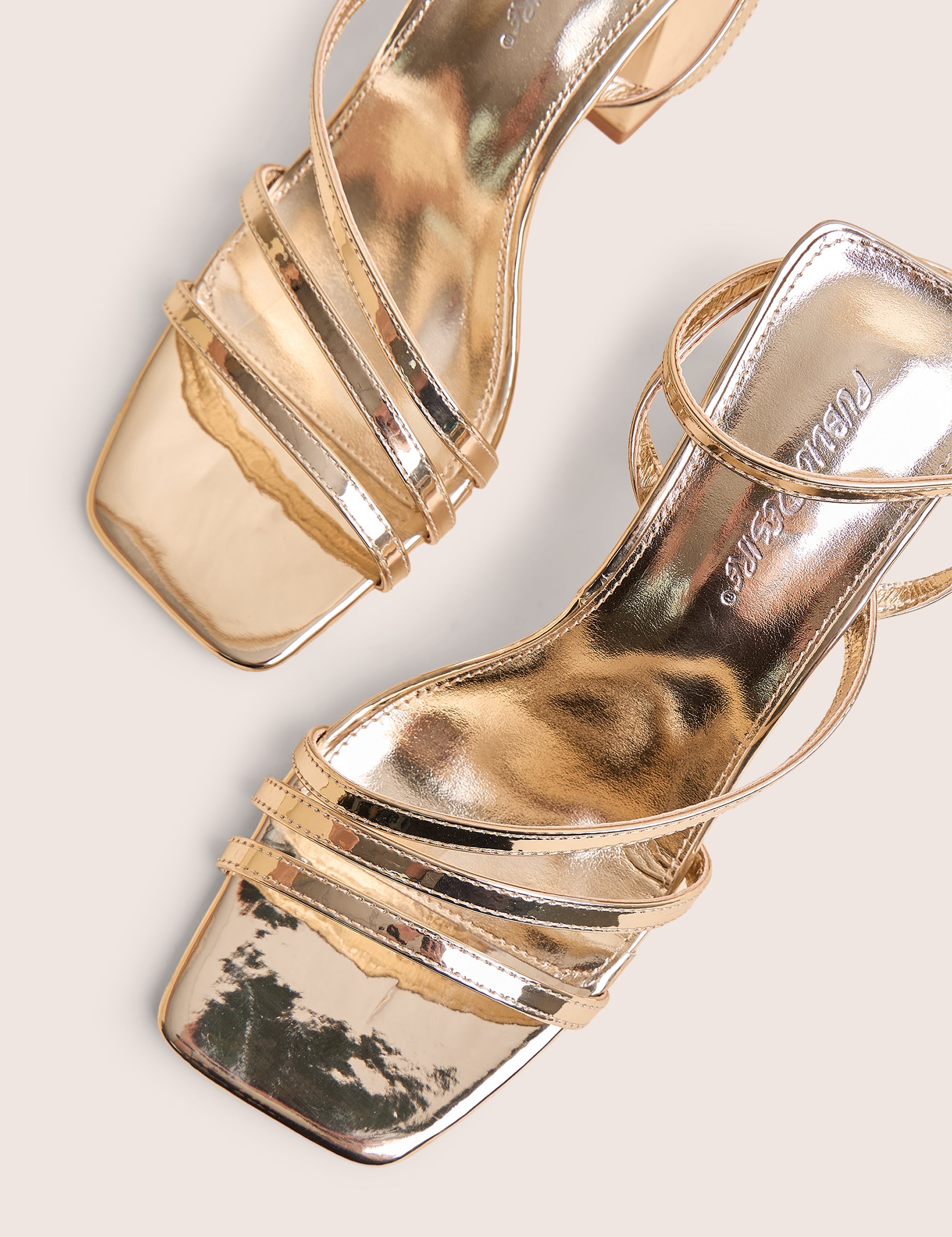 Robin Gold Wide Fit Strappy Square Toe Mid Block Heels