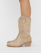 Sandy Beige Suedette Western Cowboy Ankle Boots