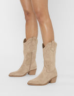 Sandy Beige Suedette Western Cowboy Ankle Boots