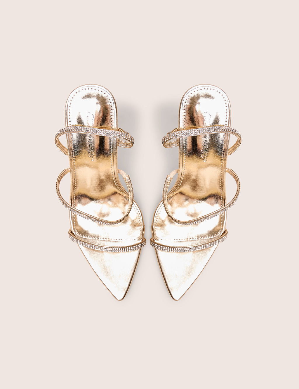 Seductive Gold Mirror Pu Diamante Strap Pointed Toe Stiletto High Heels