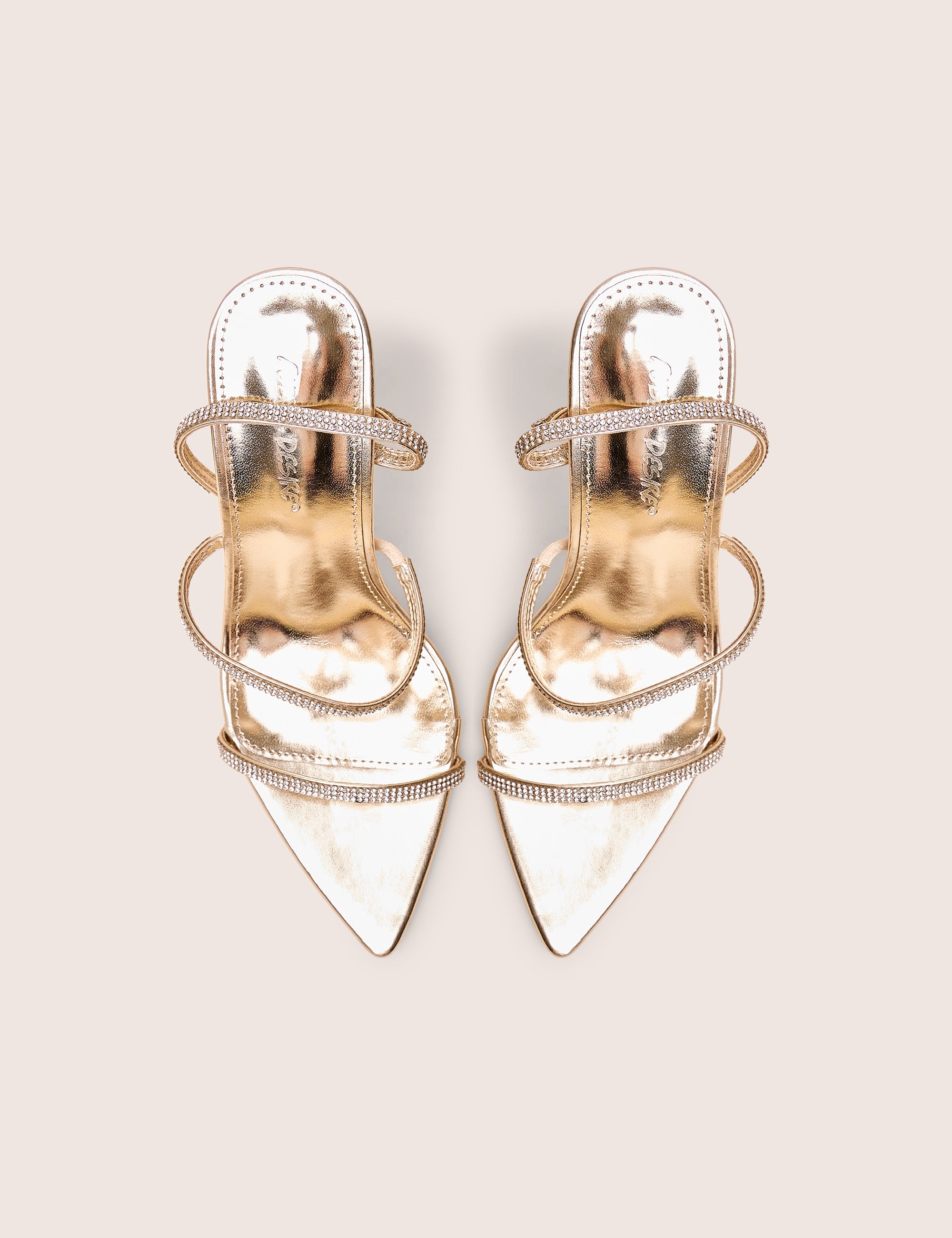 Seductive Gold Mirror Pu Diamante Strap Pointed Toe Stiletto High Heels