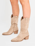 Sandy Beige Suedette Western Cowboy Ankle Boots