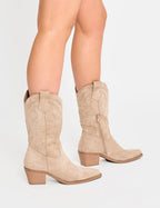 Sandy Beige Suedette Western Cowboy Ankle Boots