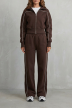 Savina – Urban Edge Piped Zip Jacket & Wide-Leg Pants Set