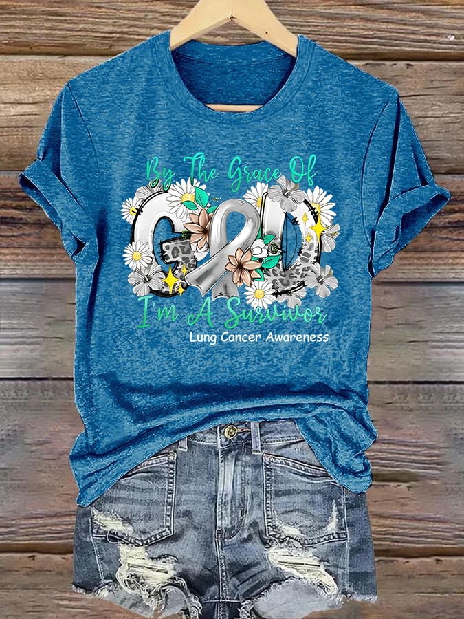 Women'S Casual "By Grace, I Am A Survivor" Lung Cancer Awareness Printed Short-Sleeve T-Shirt