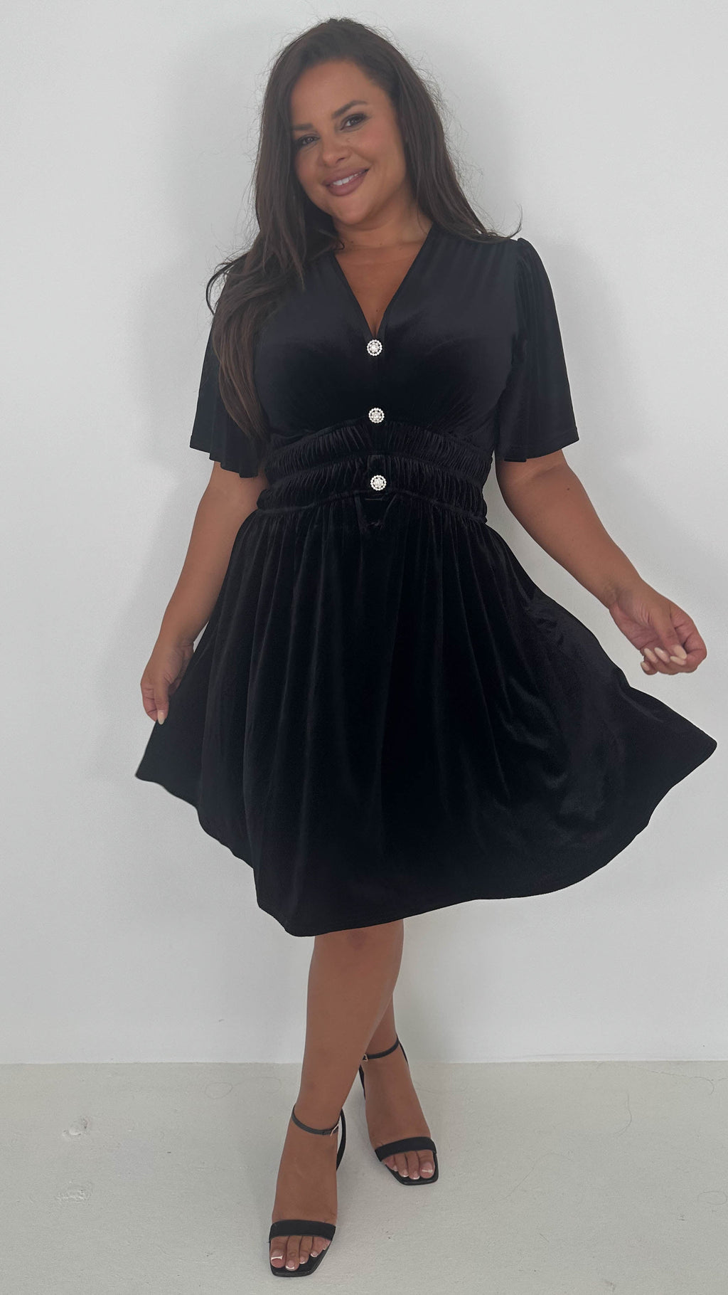 CurveWow Velvet Diamante Button Front Mini Dress Black