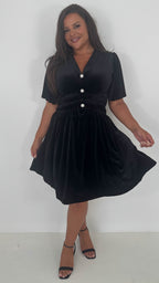 CurveWow Velvet Diamante Button Front Mini Dress Black