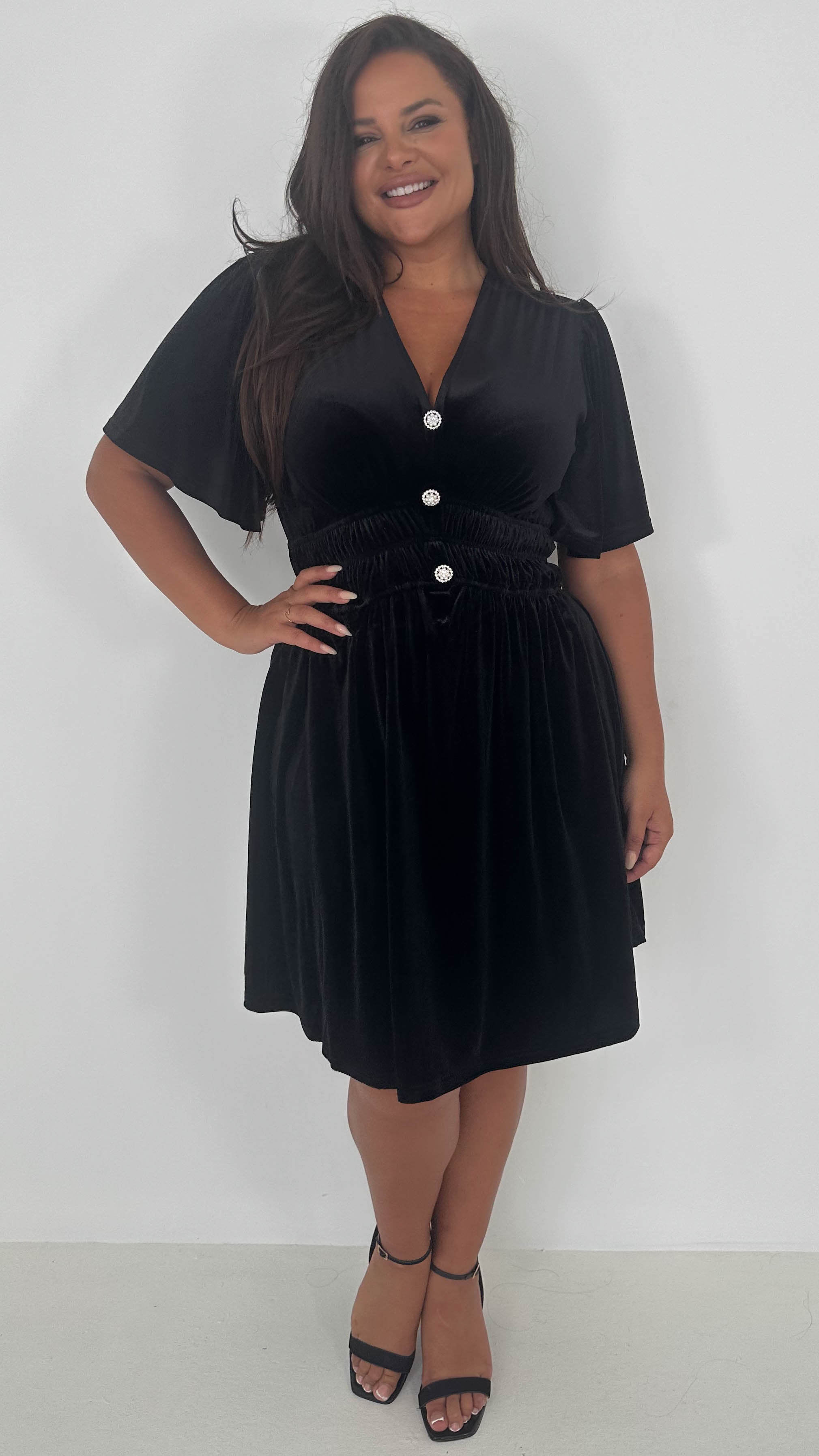 CurveWow Velvet Diamante Button Front Mini Dress Black