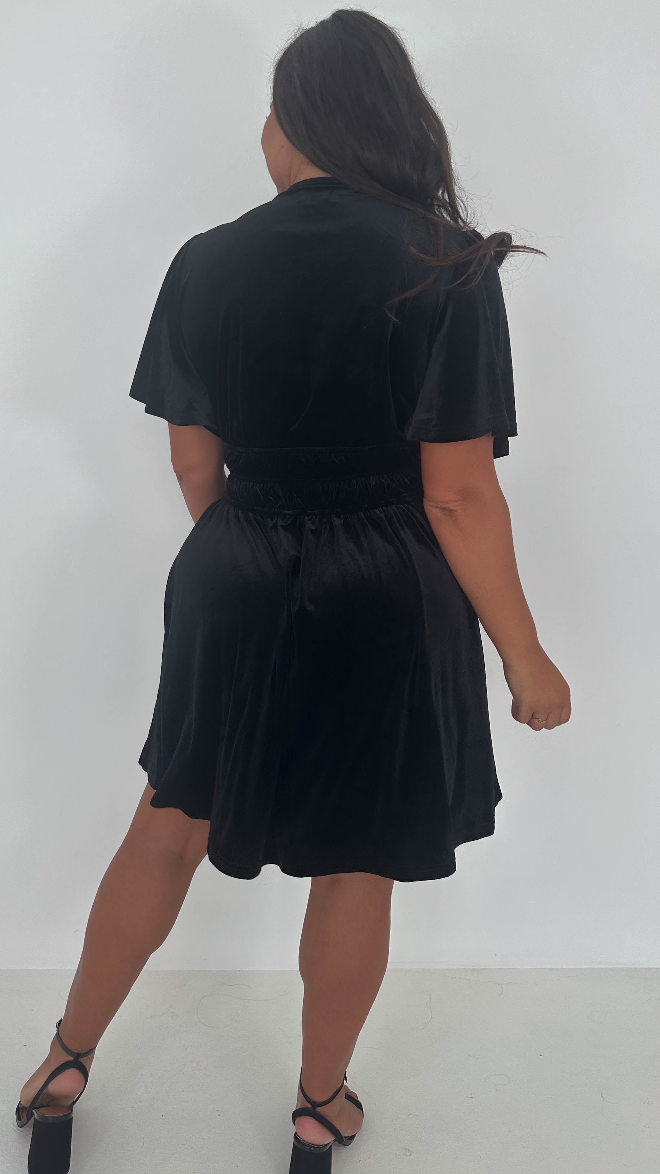 CurveWow Velvet Diamante Button Front Mini Dress Black