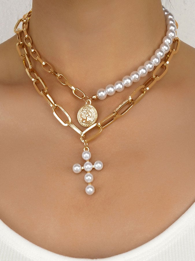 Vintage Style Cross Pearl Necklace