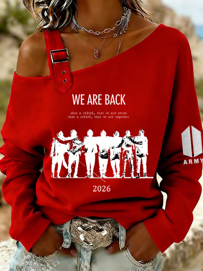 Women's Retro Leisure  Print Off-The-Shoulder Sweatshirt