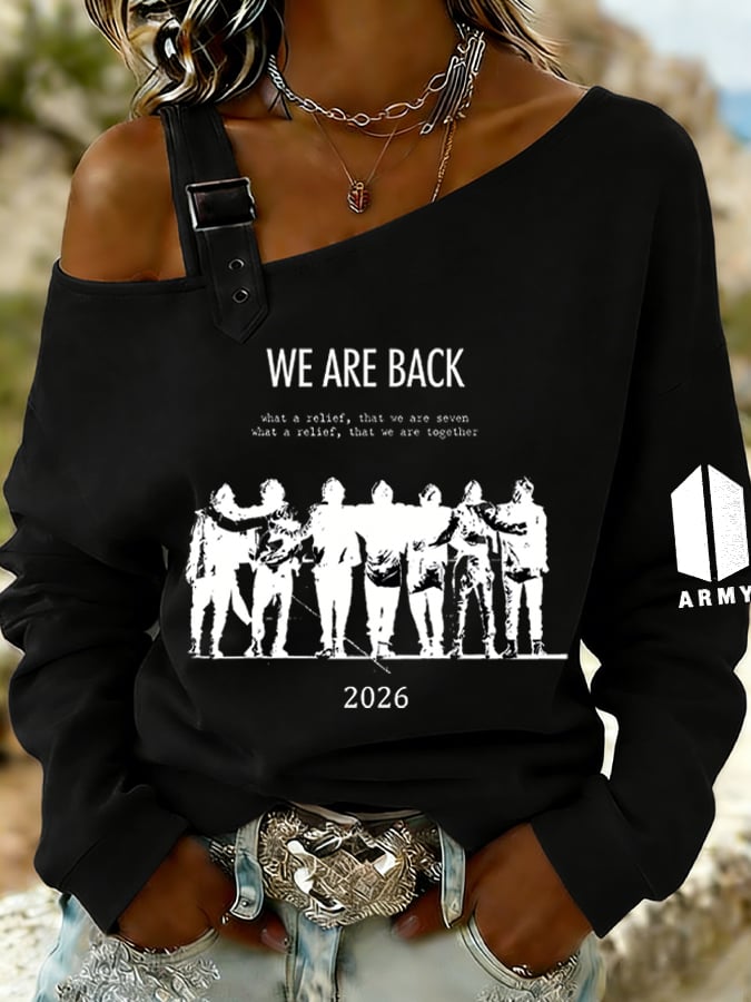 Women's Retro Leisure  Print Off-The-Shoulder Sweatshirt
