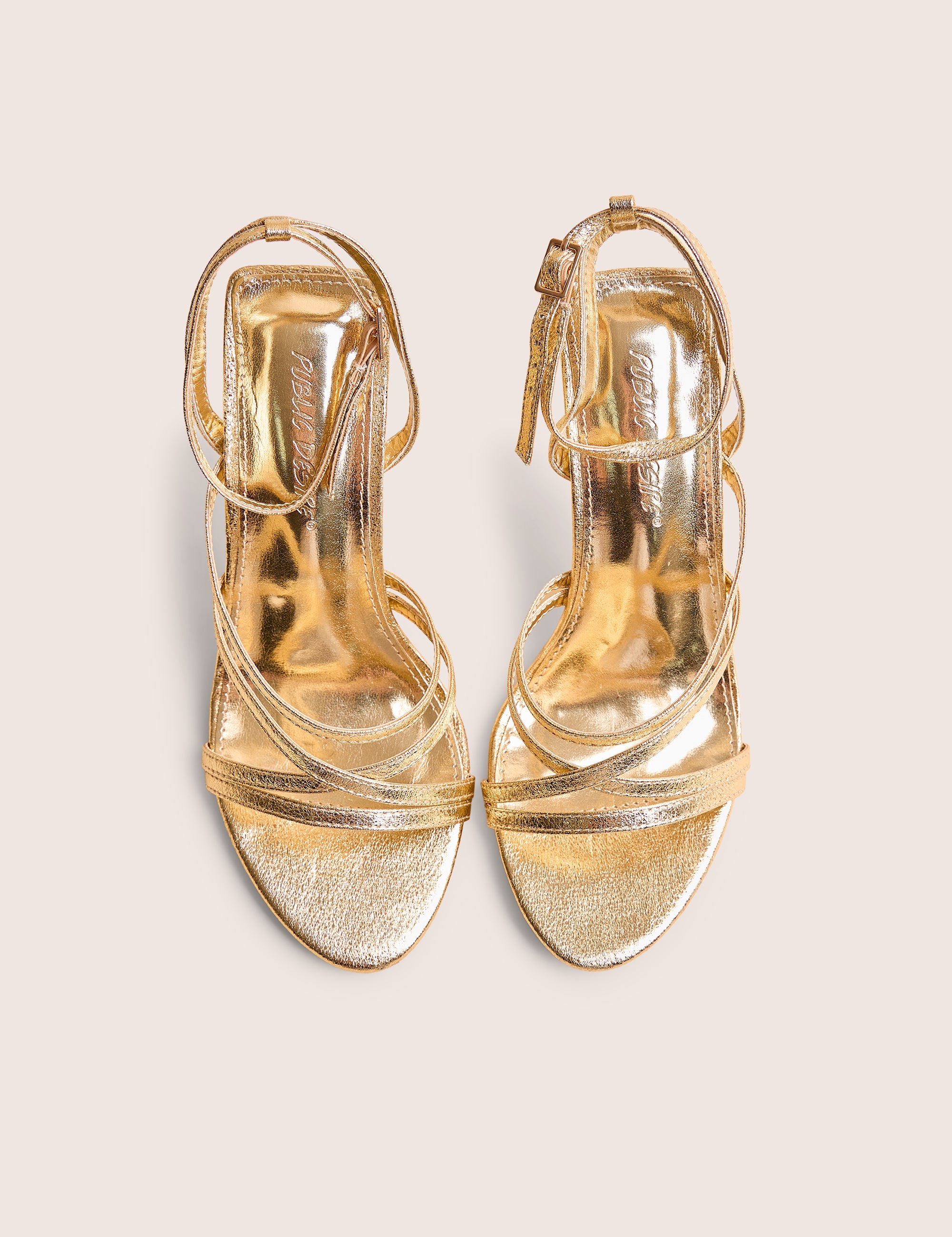 Free Spirit Wide Fit Gold Strappy Round Toe Mid Heels