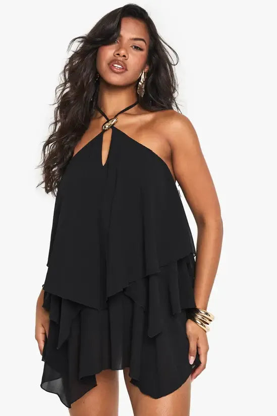 Halterneck Gold Trim Tiered Mini Dress