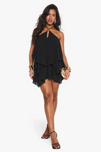 Halterneck Gold Trim Tiered Mini Dress
