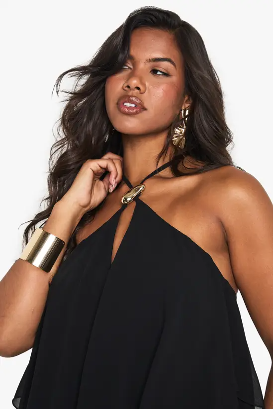 Halterneck Gold Trim Tiered Mini Dress