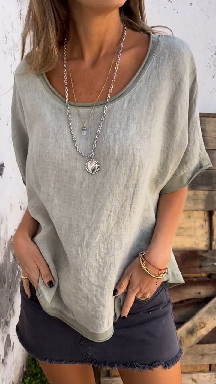 Women Summer Casual Linen Top Round Neck Short Sleeve Top