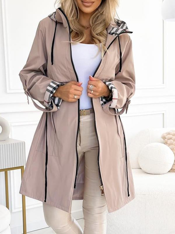 Women's Hooded Zipper Drawstring Plaid Print Casual Long Coat-XS-3XL