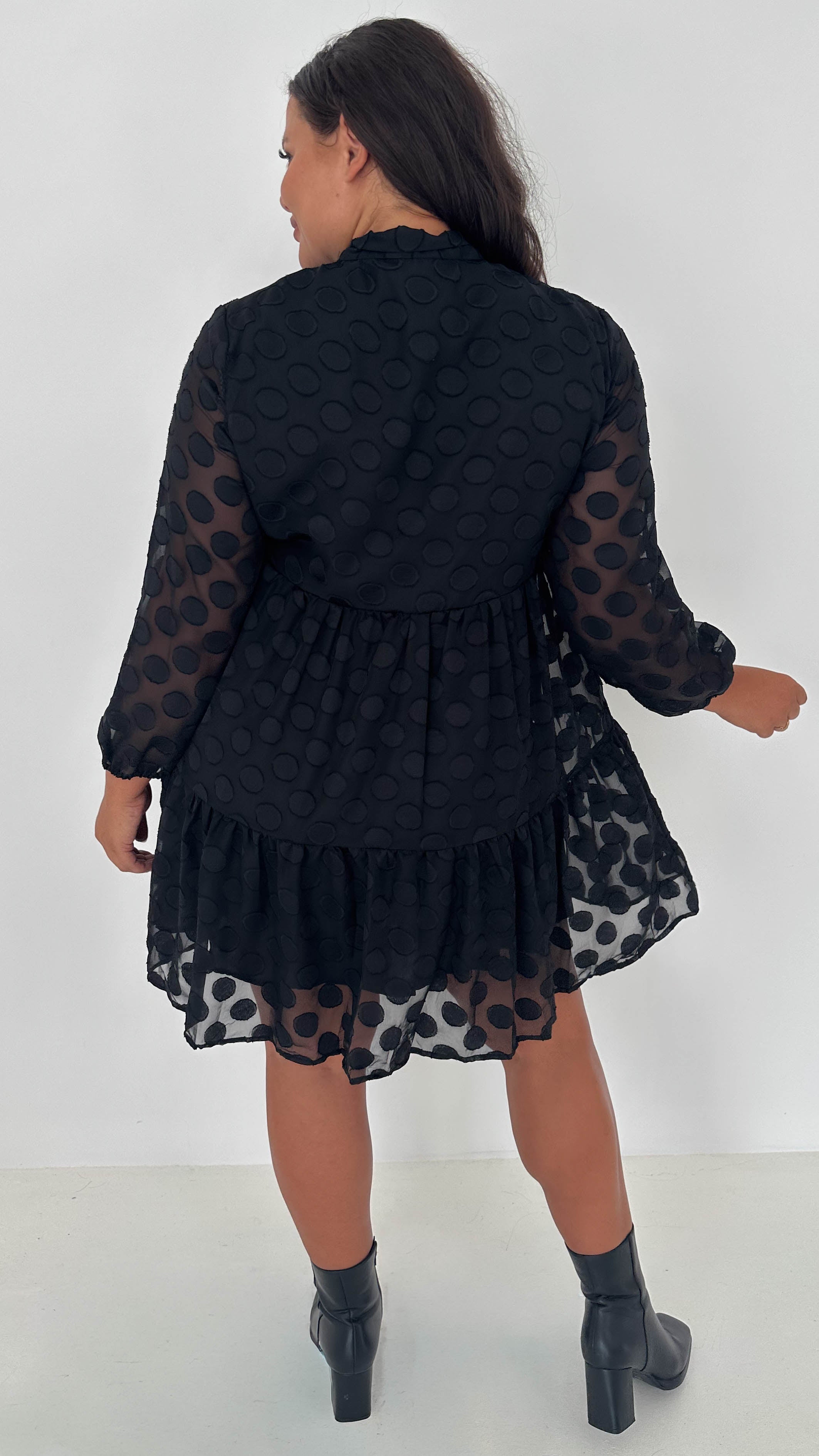 CurveWow Pussybow Spot Dress Black